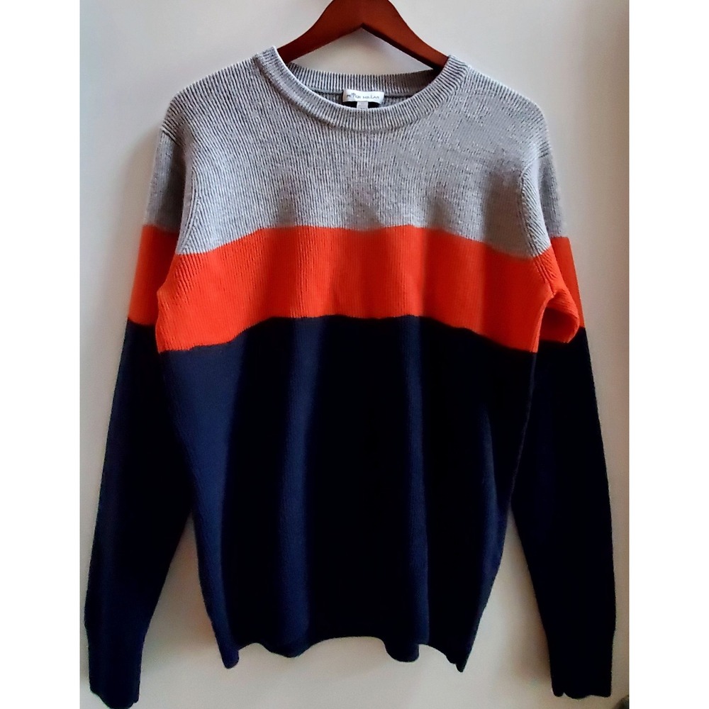 Peter Millar Sweater XL Merino Wool Gray, Orange, Navy Color Stripe Crew Neck